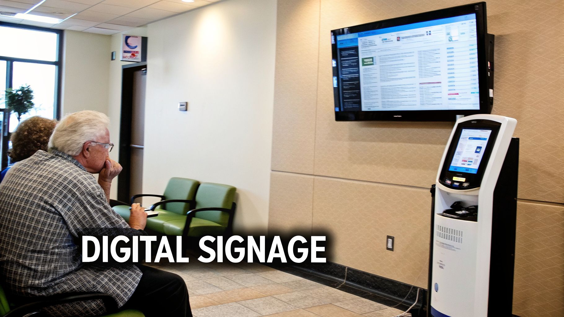 Two elderly people in a medical office waiting room with digital signage and an interactive kiosk.