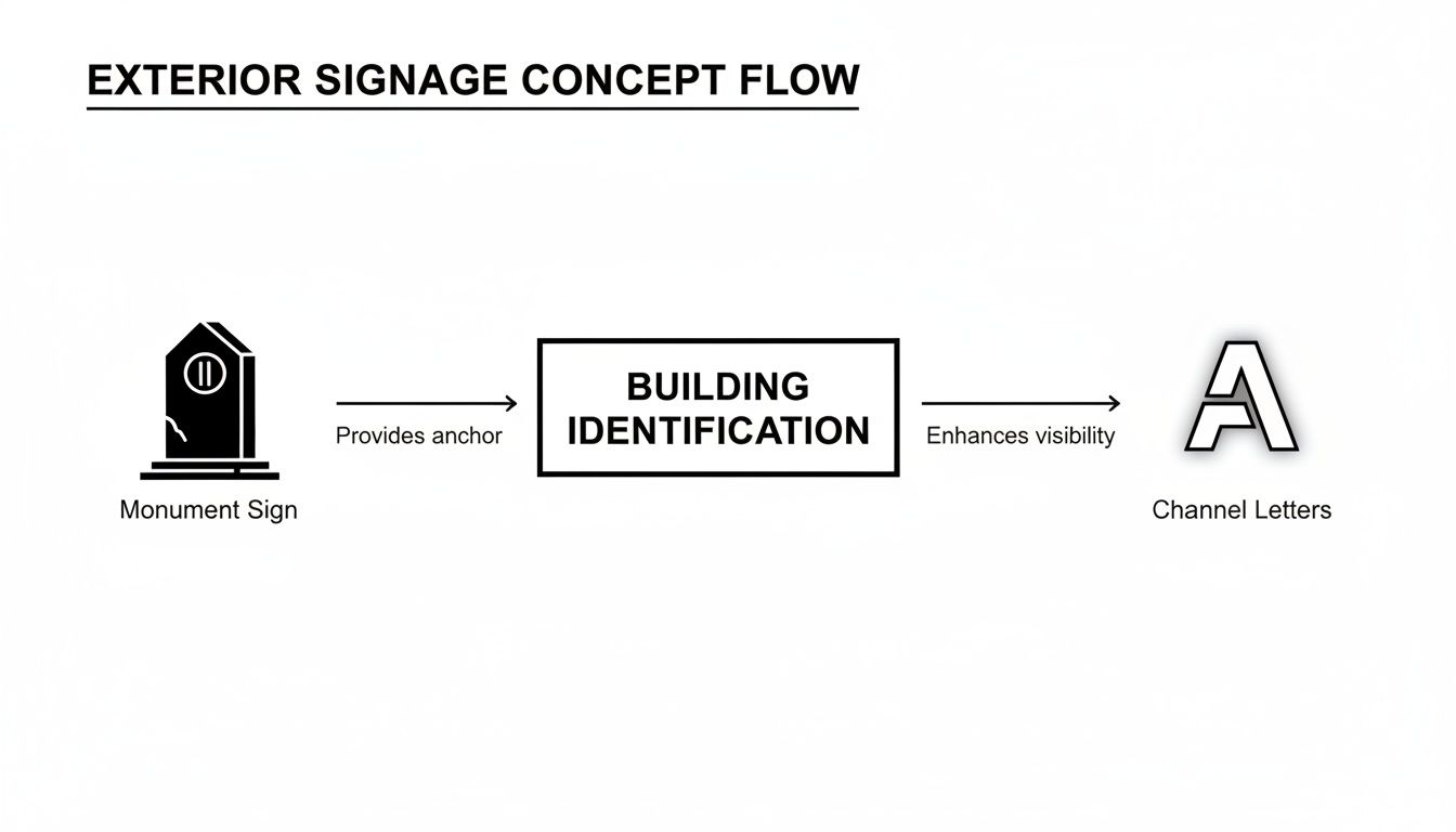 Exterior signage concept flow illustrating monument signs providing anchor for building identification and channel letters.