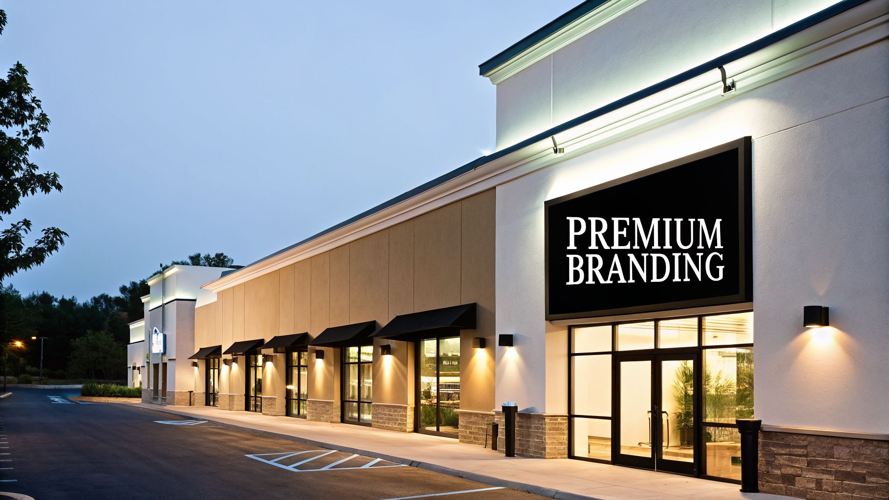 A modern commercial building with illuminated storefronts and a 'PREMIUM BRANDING' sign at dusk.