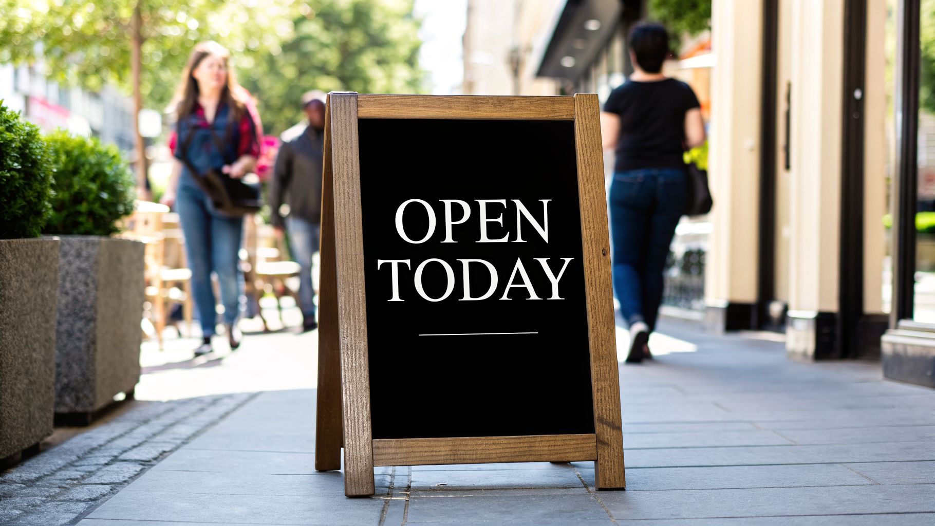 A wooden A-frame chalkboard sign displaying 'OPEN TODAY' on a bustling city sidewalk with people passing by.