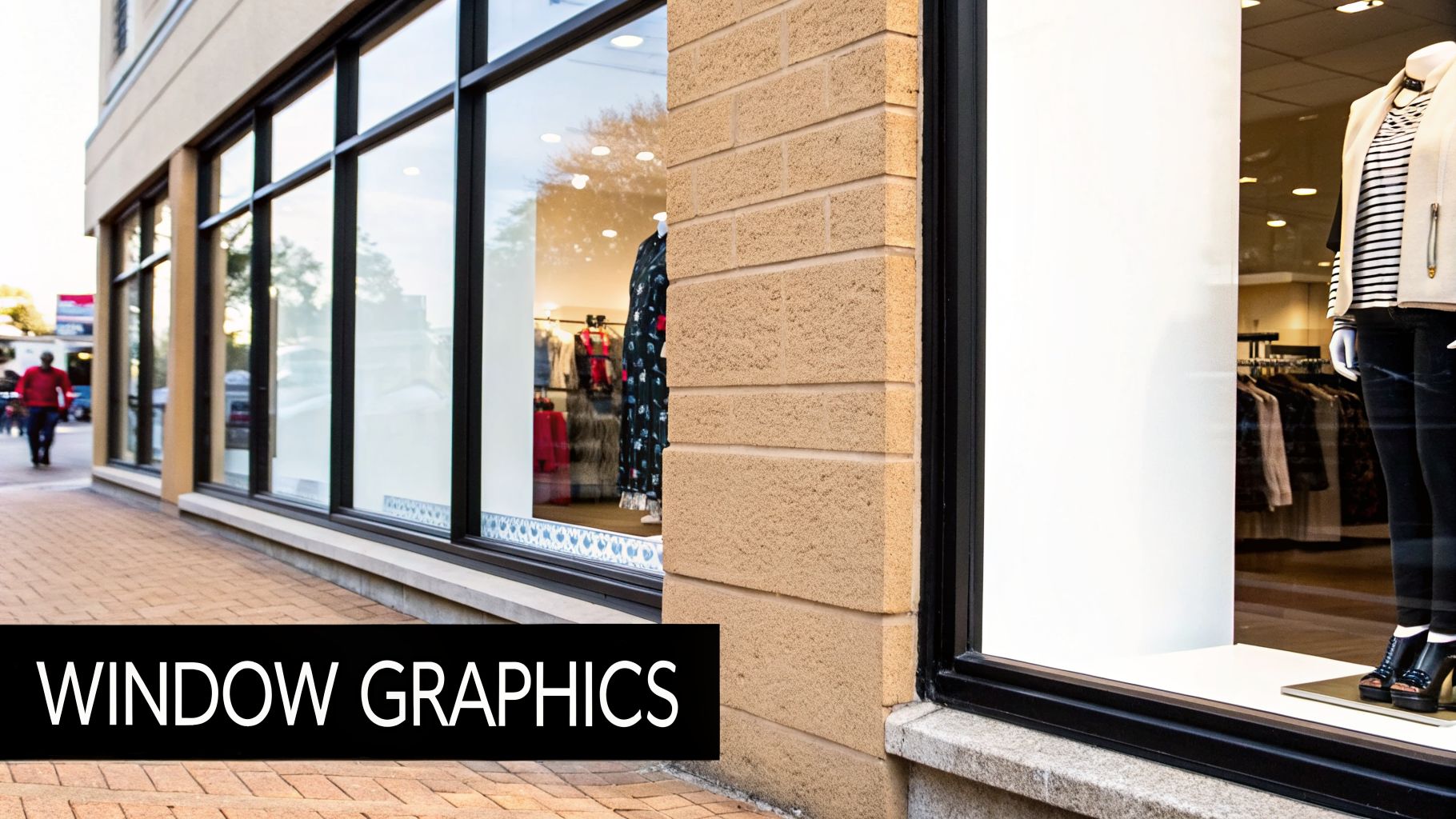 Storefront with large windows showcasing clothing on mannequins and racks, featuring window graphics.