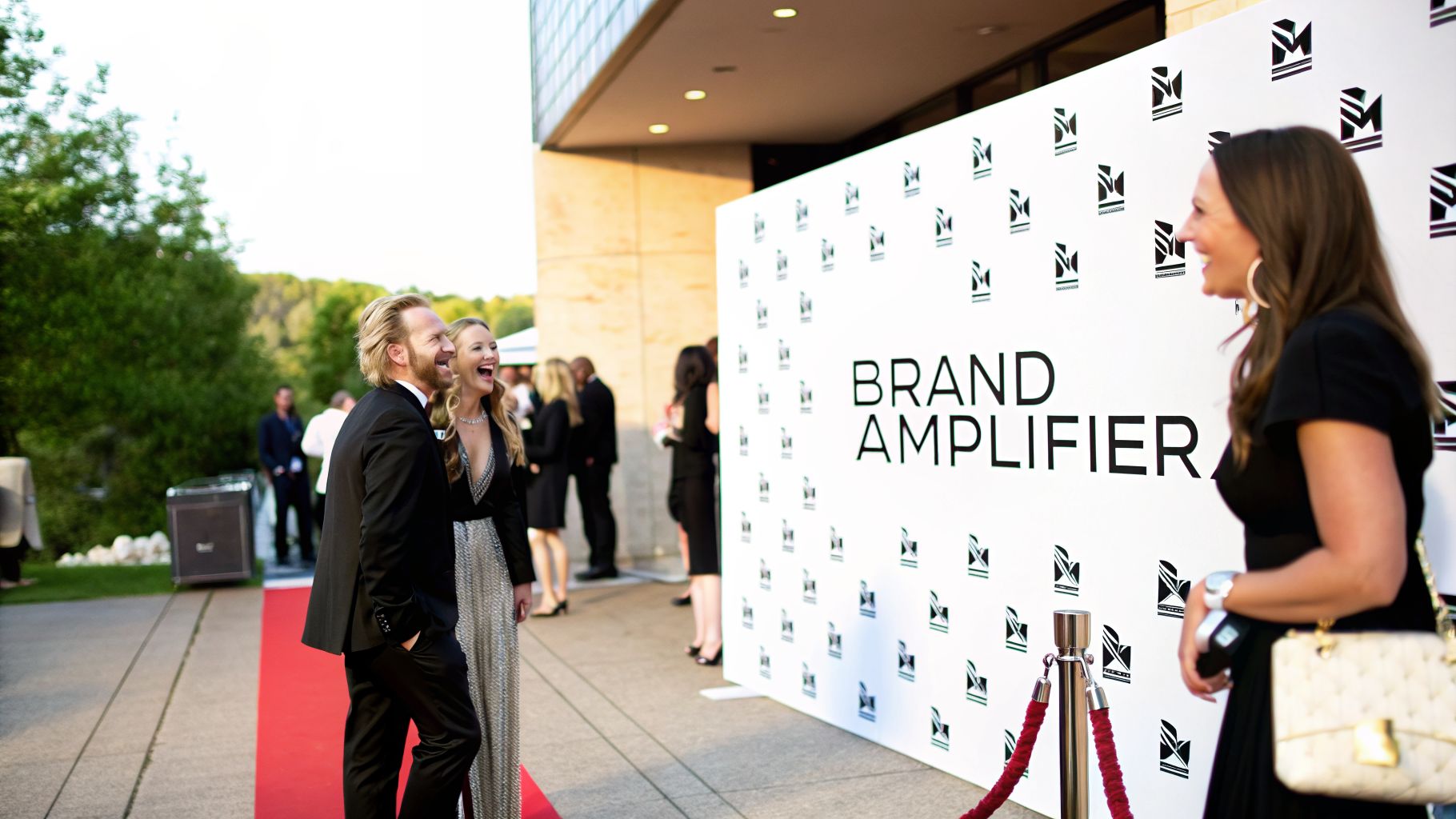 A happy couple on a red carpet in front of a Brand Amplifier step and repeat banner.