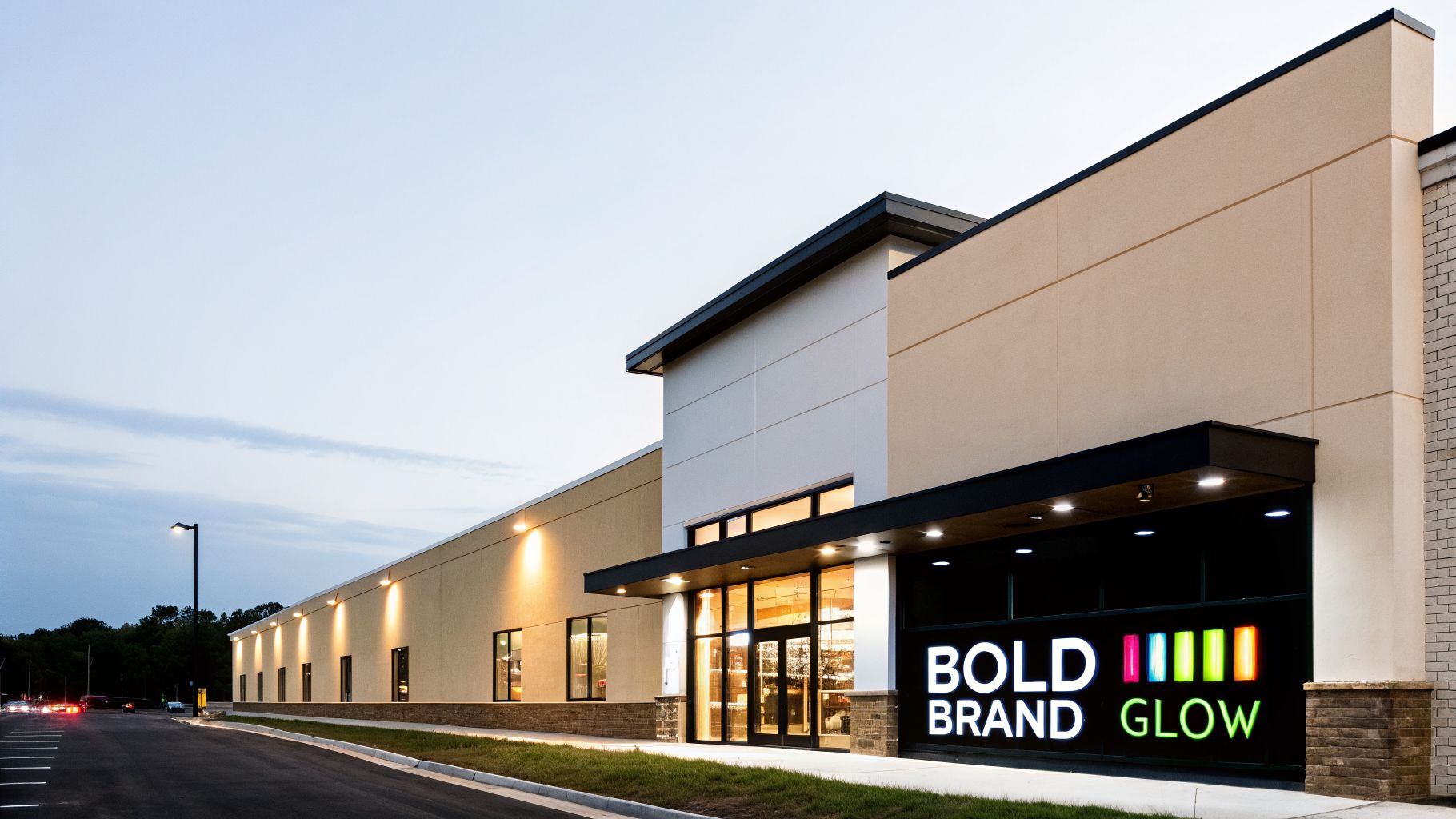 Exterior view of a modern building featuring a bright 'BOLD BRAND GLOW' illuminated storefront sign at dusk.