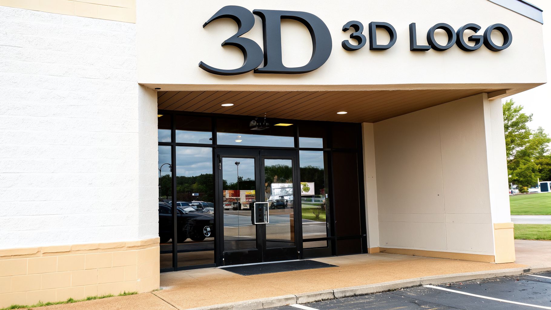 The entrance to a modern building with a large '3D 3D LOGO' sign above dark glass doors, reflecting a parking lot.