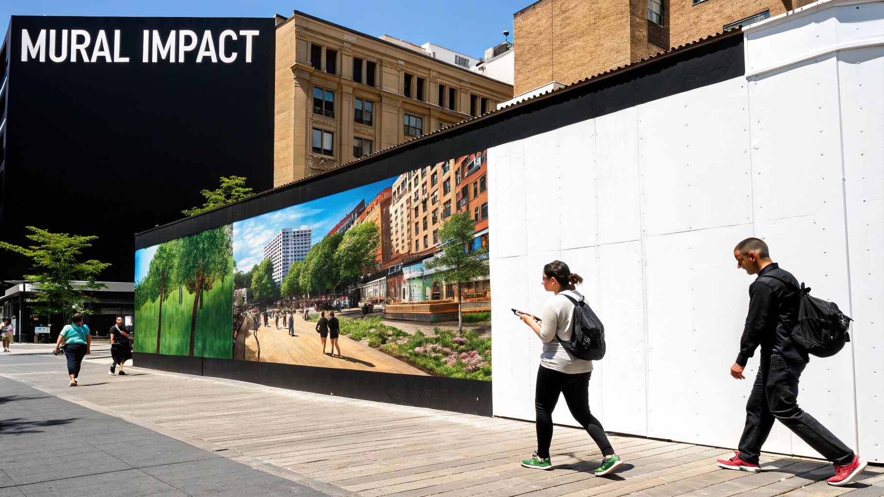 People walk past a large 'MURAL IMPACT' sign and a vibrant street scene mural in an urban area.
