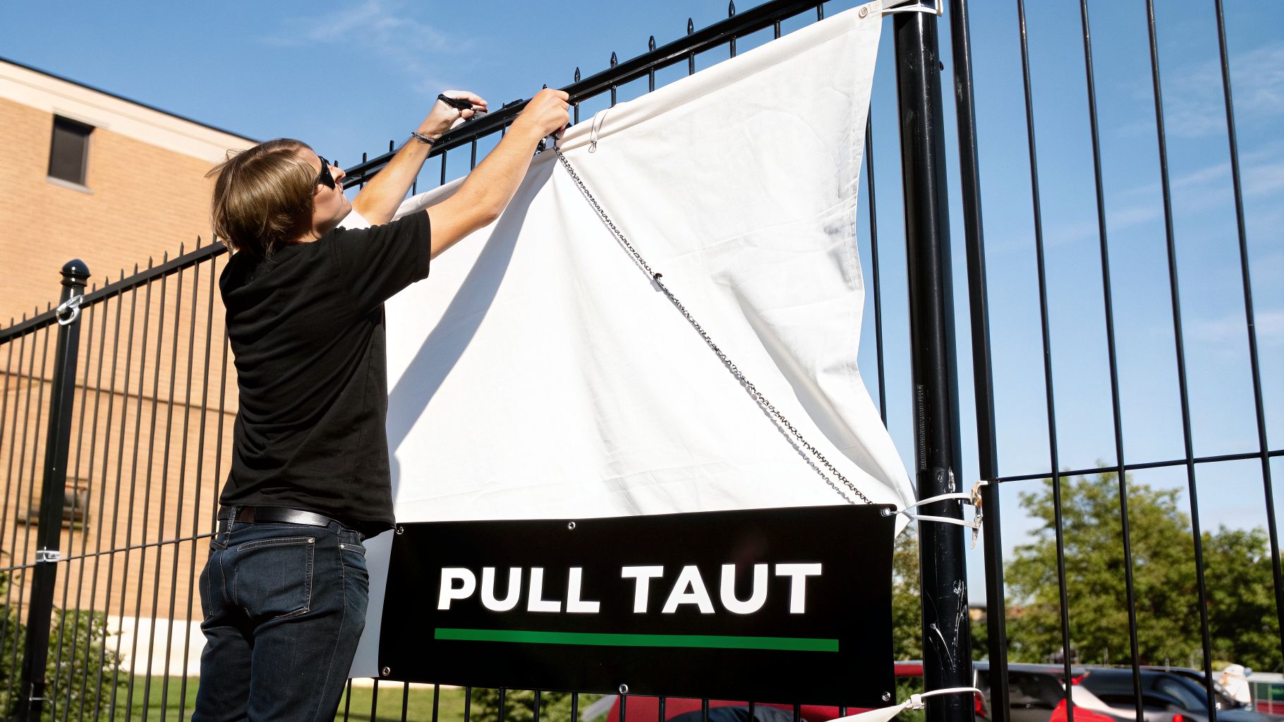 A person in sunglasses attaches a white banner that says "PULL TAUT" to a black fence.