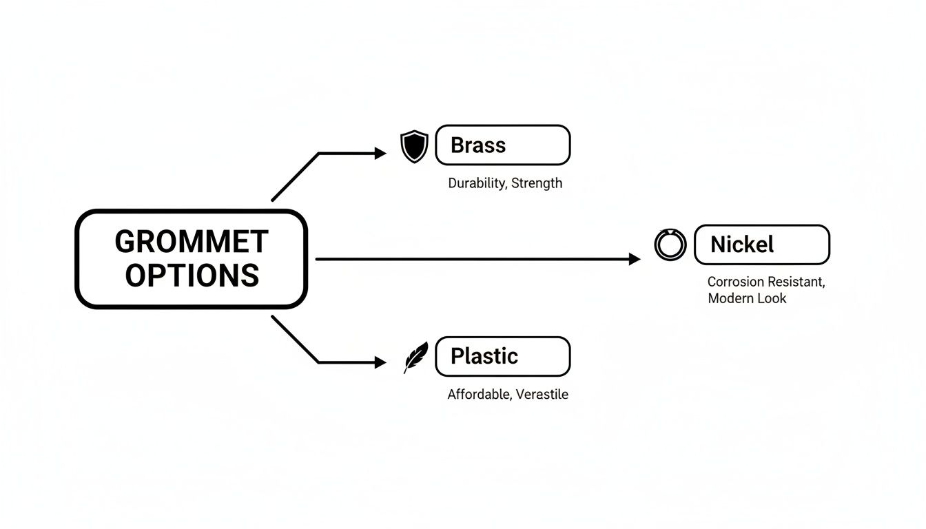 Mind map showing grommet material options: Brass for durability, Nickel for corrosion resistance, and Plastic for affordability.