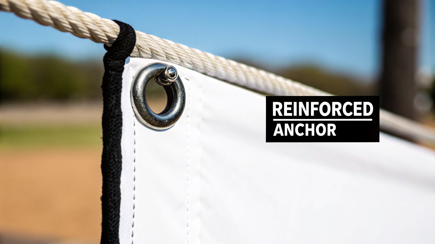 Close-up of a white banner with a silver grommet and black tie secured to a thick rope.