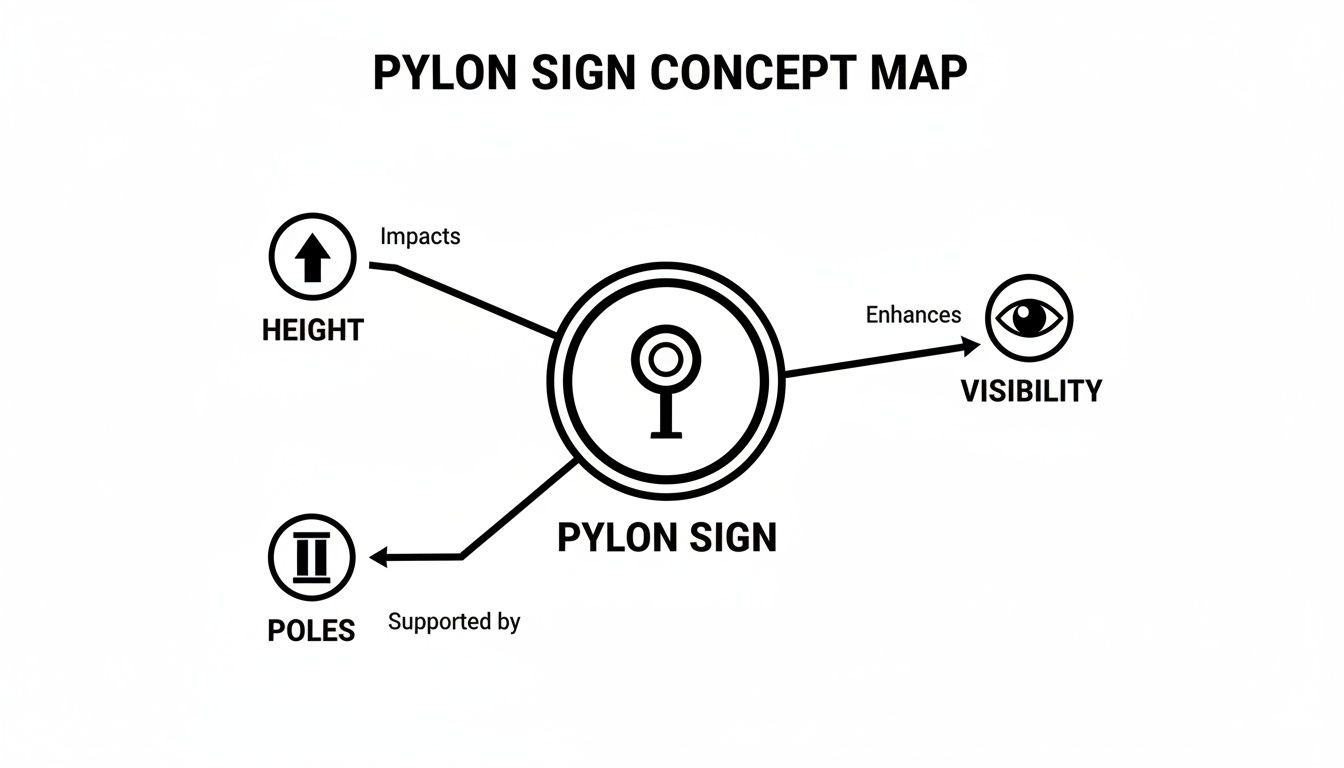 Concept map showing Pylon Sign relationships: impacted by Height, enhancing Visibility, and supported by Poles.