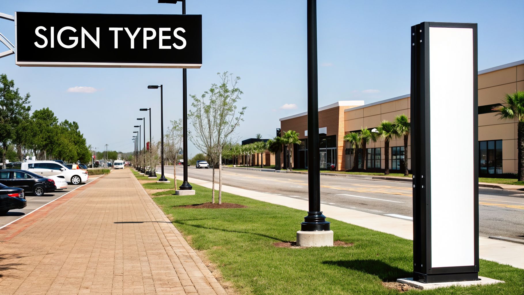 A street scene featuring a black sign labeled 'SIGN TYPES' and a large white pylon sign.