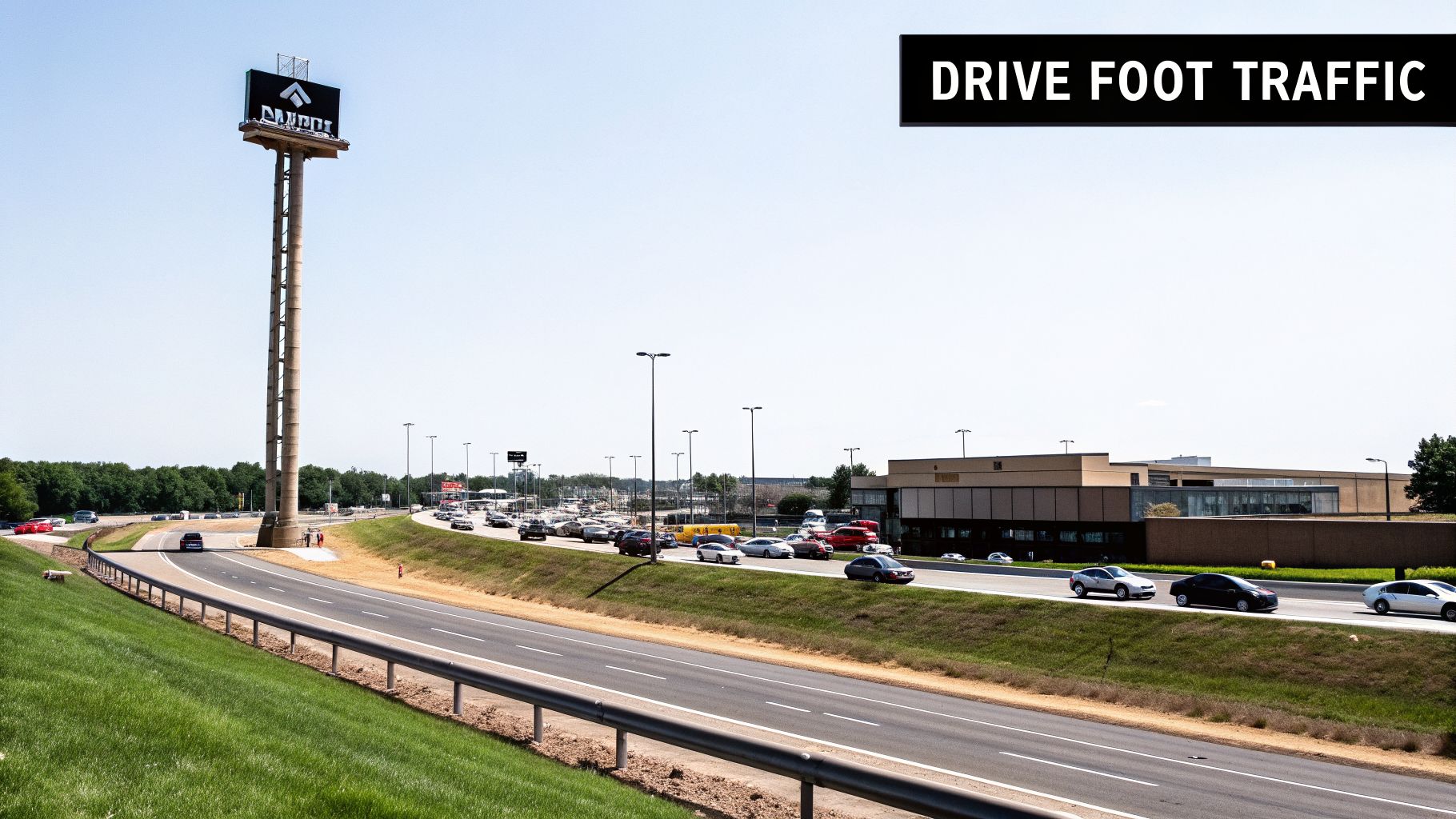 A tall Davroc pylon sign stands beside a busy highway with cars and a commercial building.