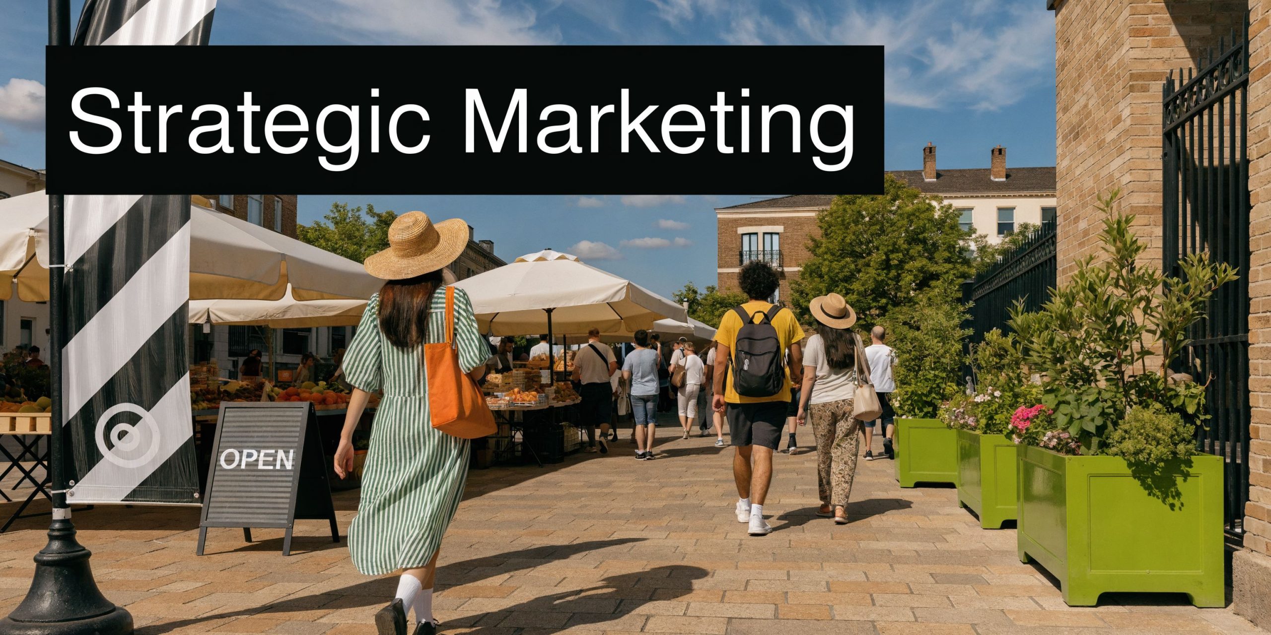 A group of people walks through an outdoor marketplace on a sunny day near a street sign.