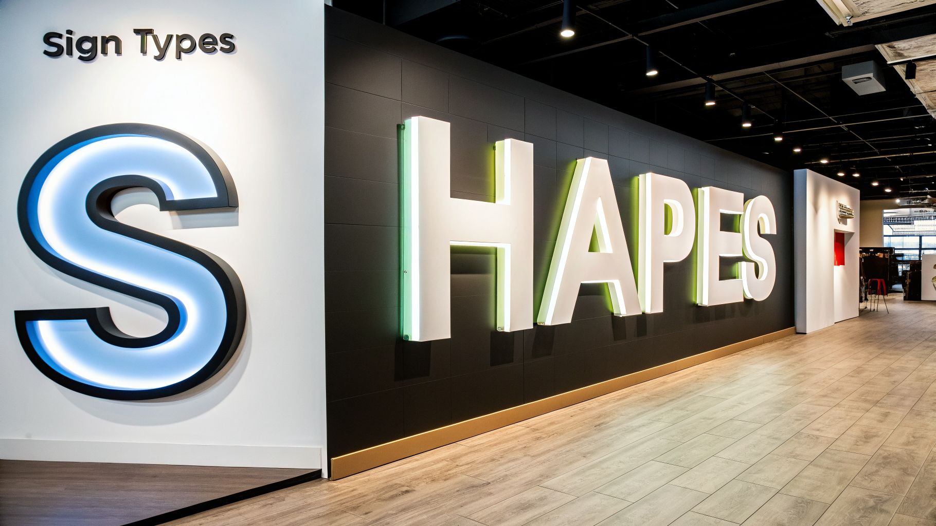 Modern interior featuring a display of custom 3D signs with illuminated letters 'S' and 'SHAPES'.