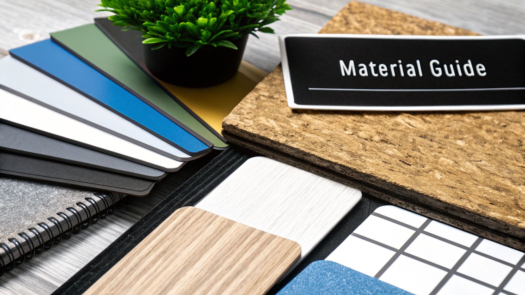 A collection of various material samples, including color swatches, wood, and cork, with a 'Material Guide' sign.