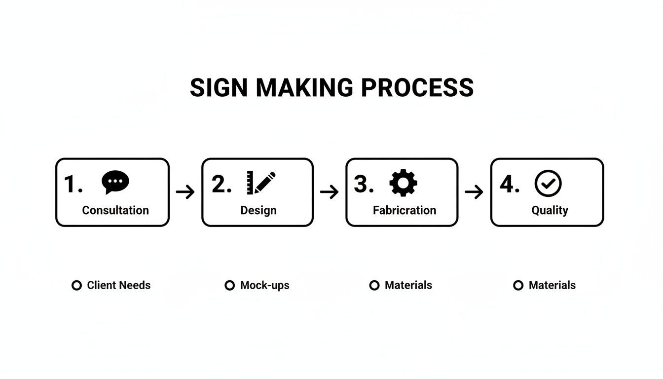 A clear infographic illustrating the four-step sign making process, from consultation to quality control.