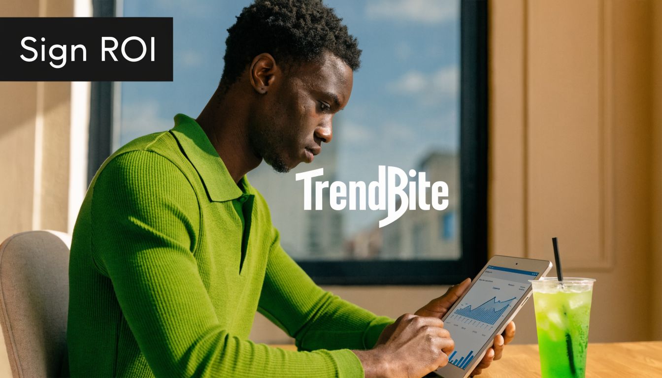 A young man sitting in an office, reviewing business data on a tablet next to a drink.