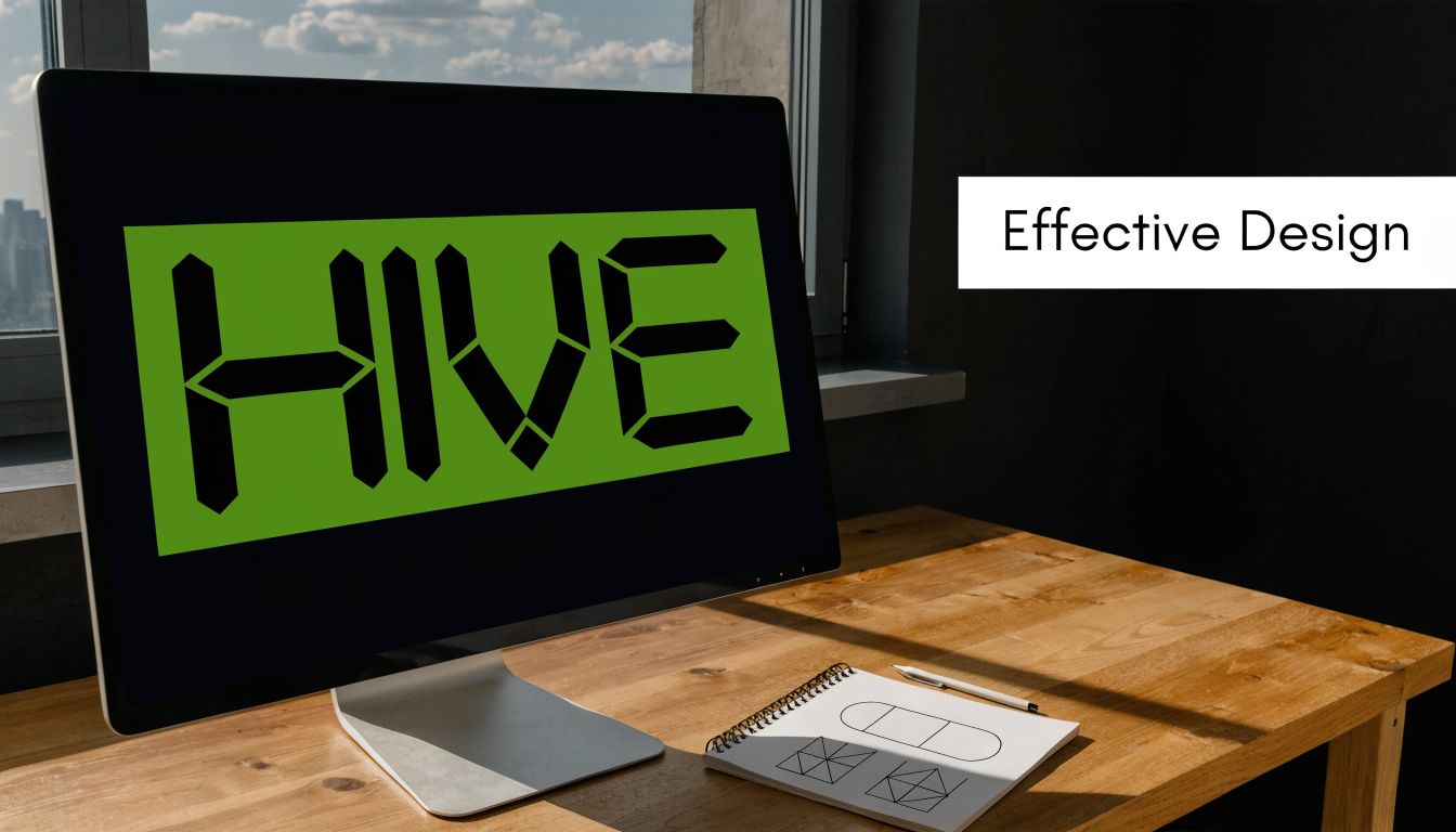 A computer monitor displaying the word HIVE in a digital clock style on a wooden office desk.