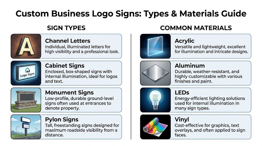 A helpful infographic guide detailing various custom business logo sign types and common sign-making materials.