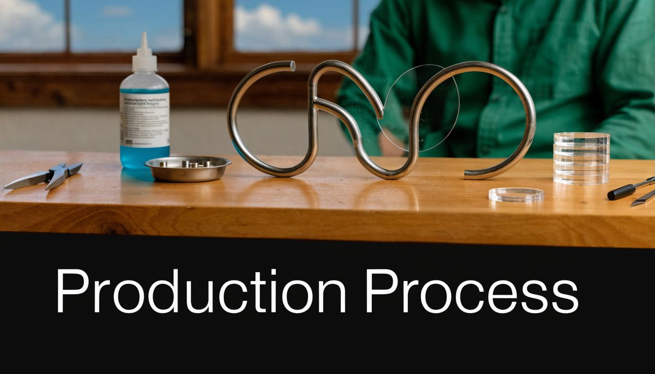 A person crafting a custom metal and acrylic sculpture on a wooden workbench for a business display.