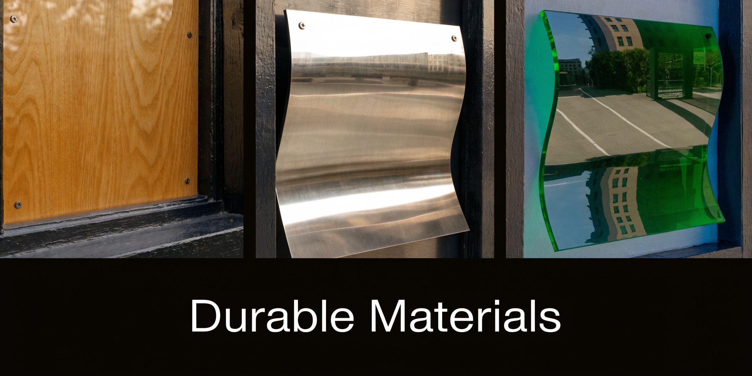 Three different material samples displayed side-by-side on a wall to showcase various durable construction options.