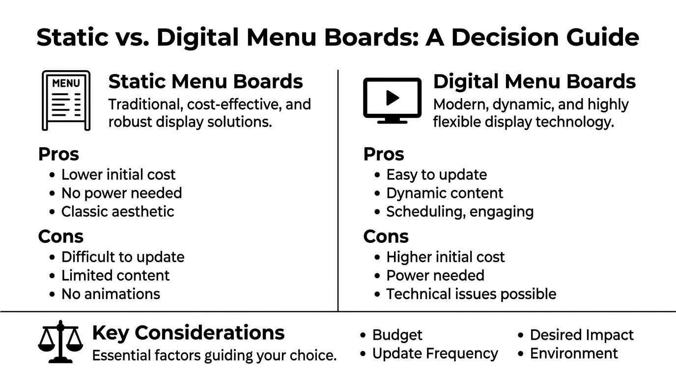 A decision guide comparing the pros and cons of static versus digital menu boards for businesses.
