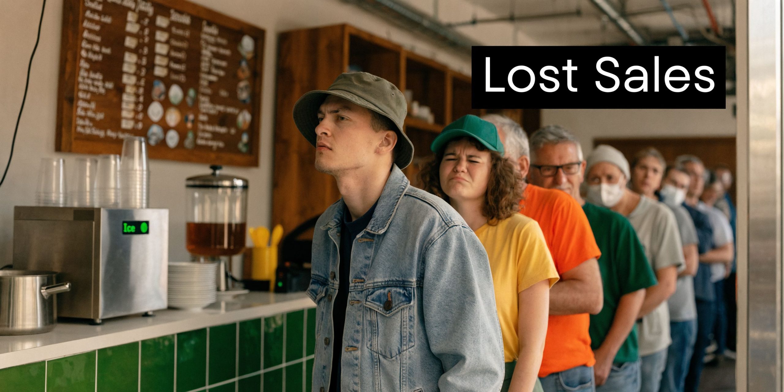 A diverse group of people waiting in a long line to order from a custom menu board.