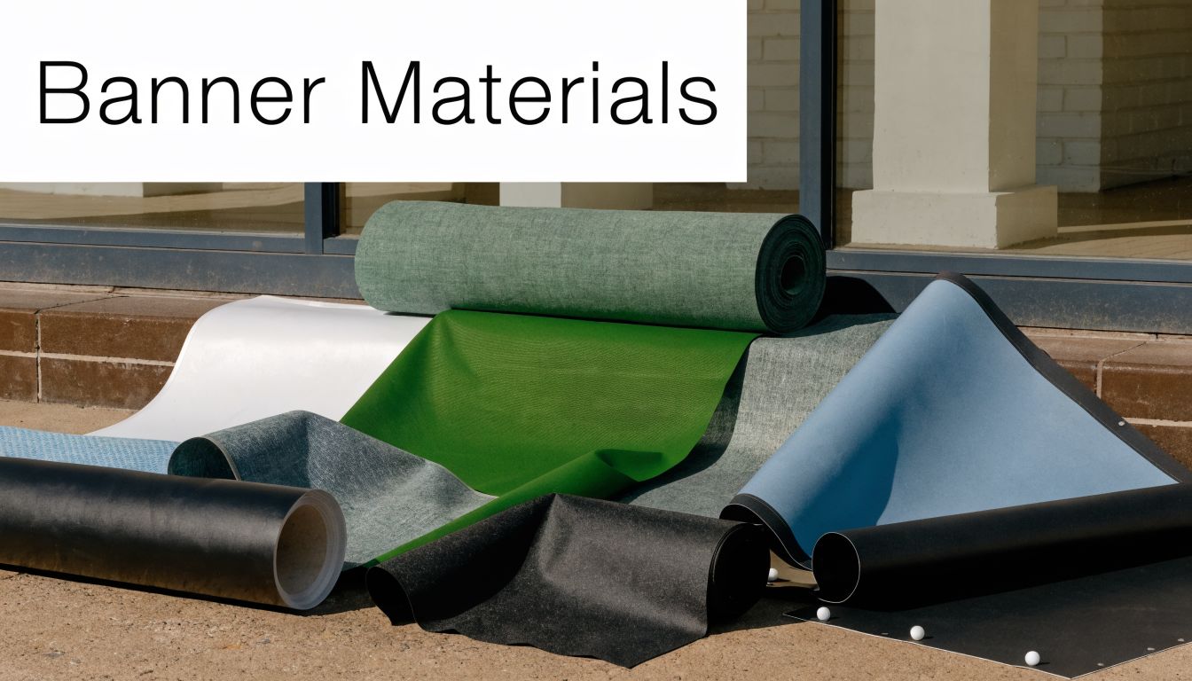 A collection of various fabric and vinyl banner material rolls displayed outdoors on a concrete surface.