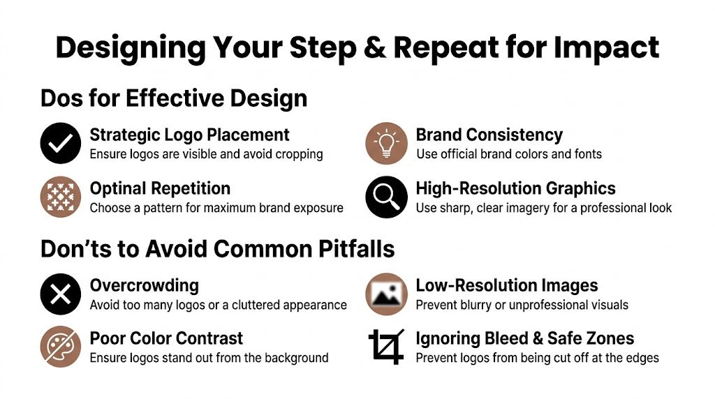 An infographic titled Designing Your Step & Repeat for Impact, detailing dos and don'ts for banner design.