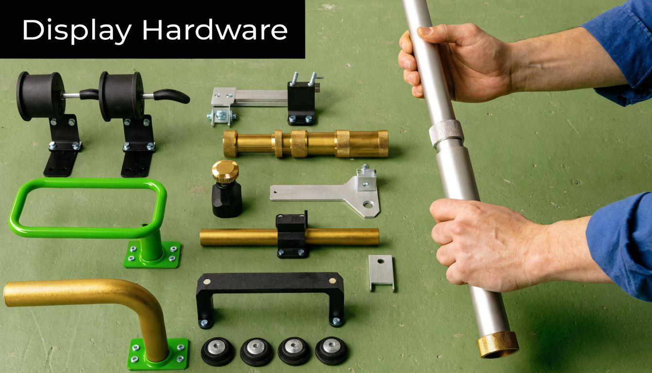 An assortment of display hardware components arranged on a green surface with hands holding a pole.