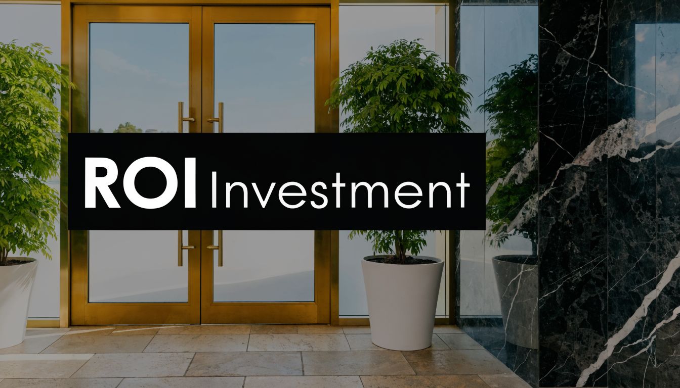 A professional entrance featuring glass doors, gold frames, potted plants, and the text ROI Investment displayed prominently.