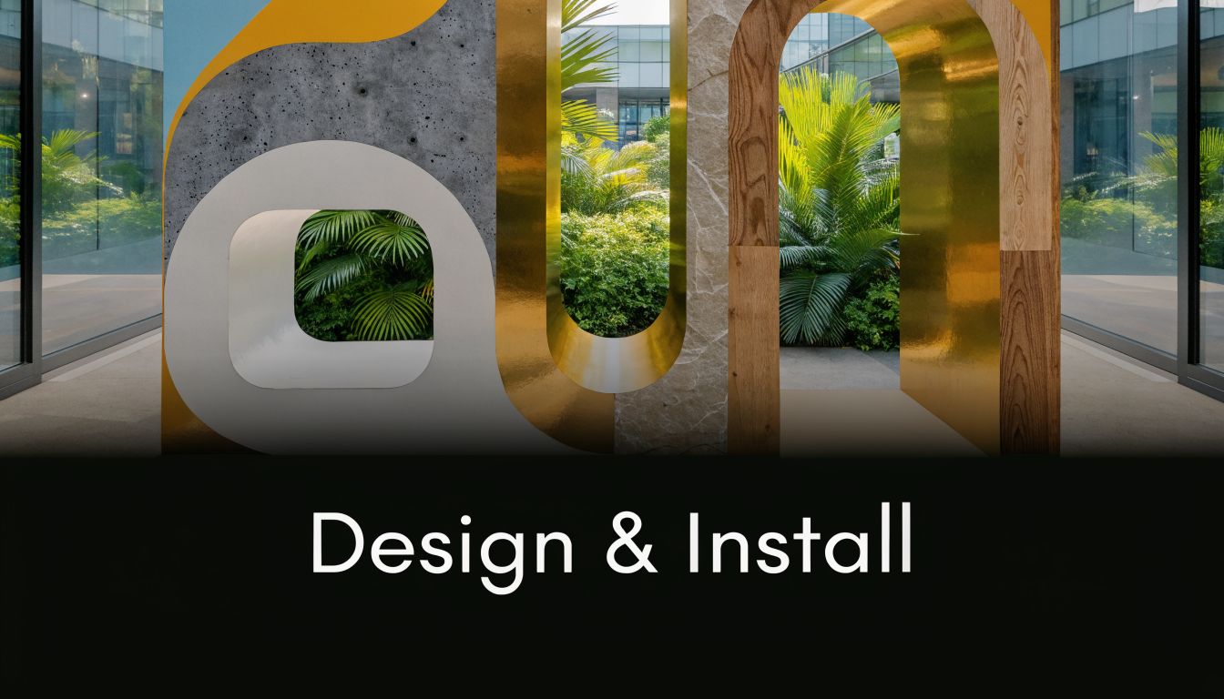 A modern artistic architectural cut out poster board structure framing lush green palm plants outdoors.
