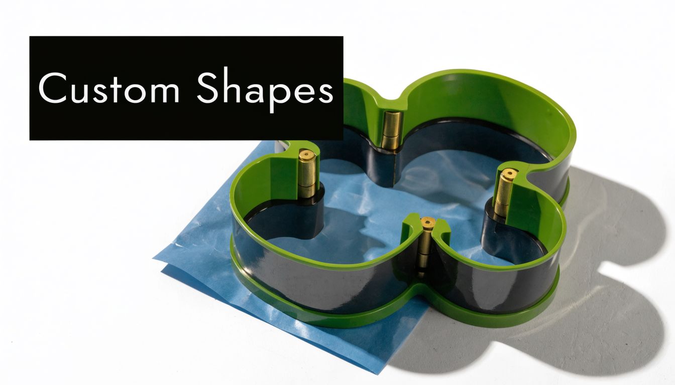 A custom-shaped metal die-cutting tool resting on a piece of blue paper on a white surface.