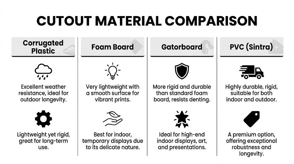 A comparison chart outlining the pros and characteristics of materials for cut out poster boards.