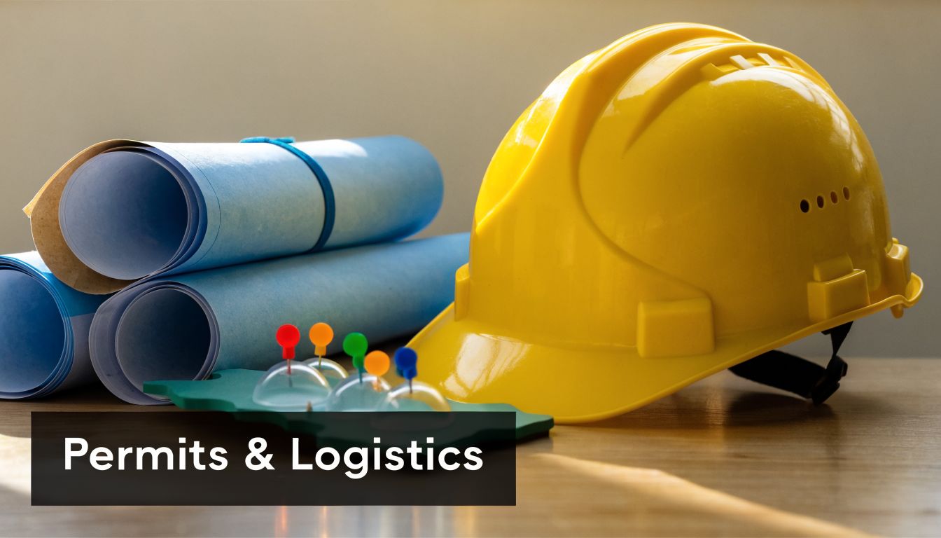 A yellow hard hat rests next to blue construction blueprints and colorful map push pins on a table.