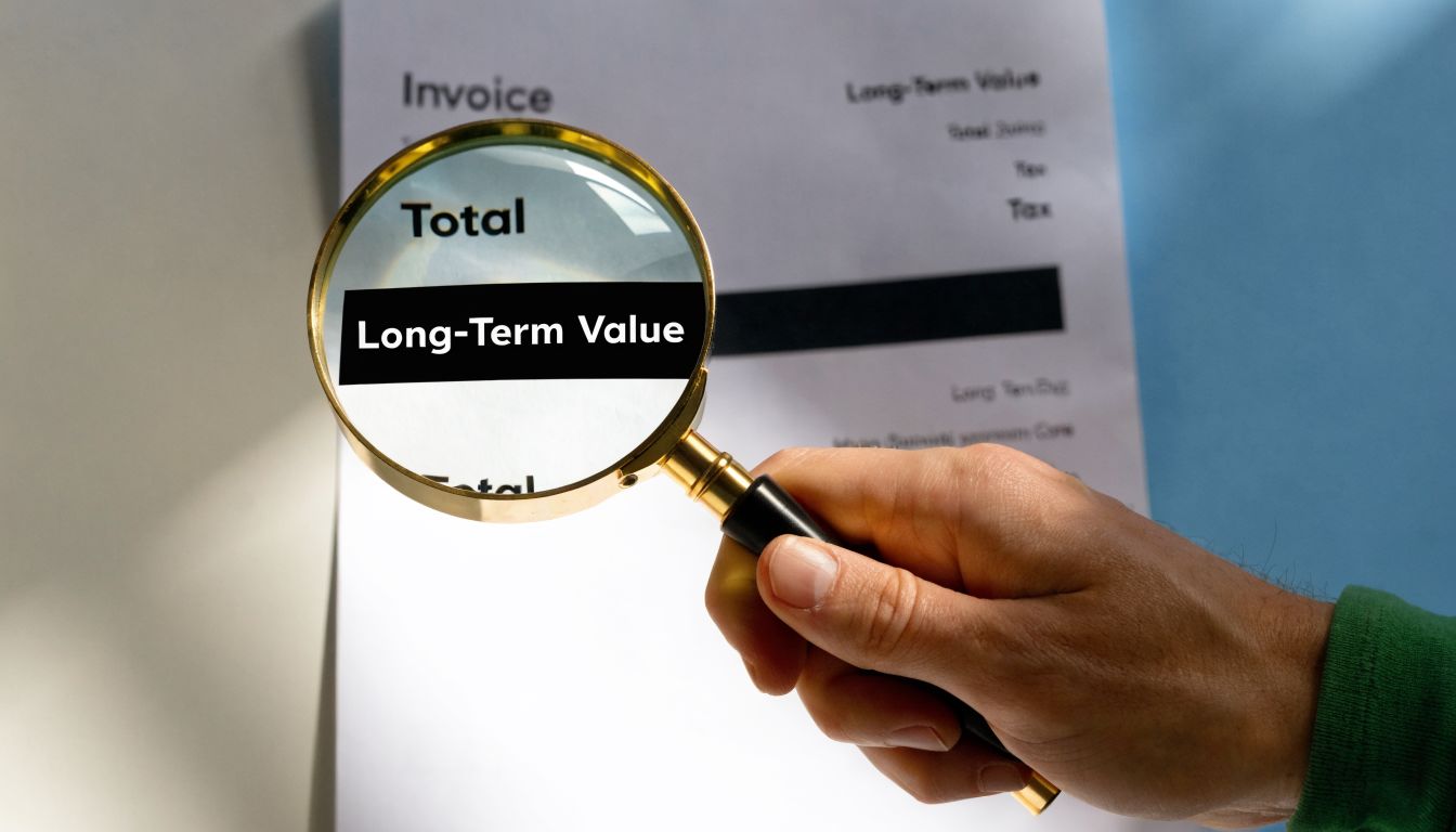 A hand holds a magnifying glass over an invoice, focusing on the words Long-Term Value.