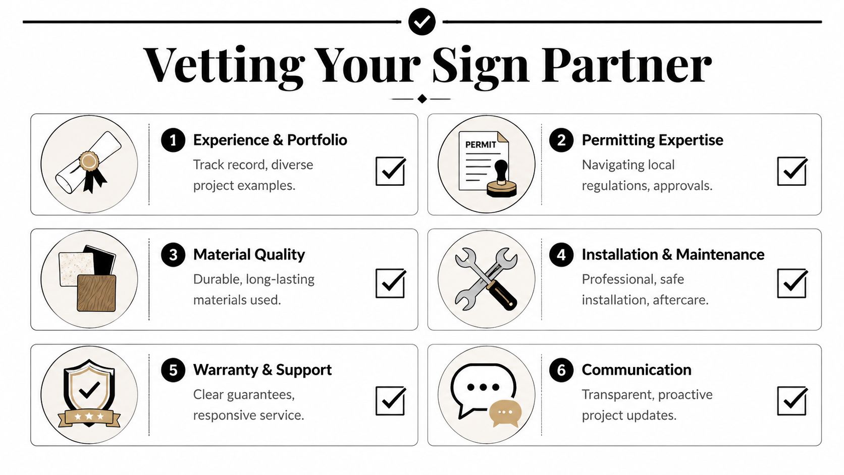 A checklist infographic titled Vetting Your Sign Partner outlining six key factors for selecting professional signage services.