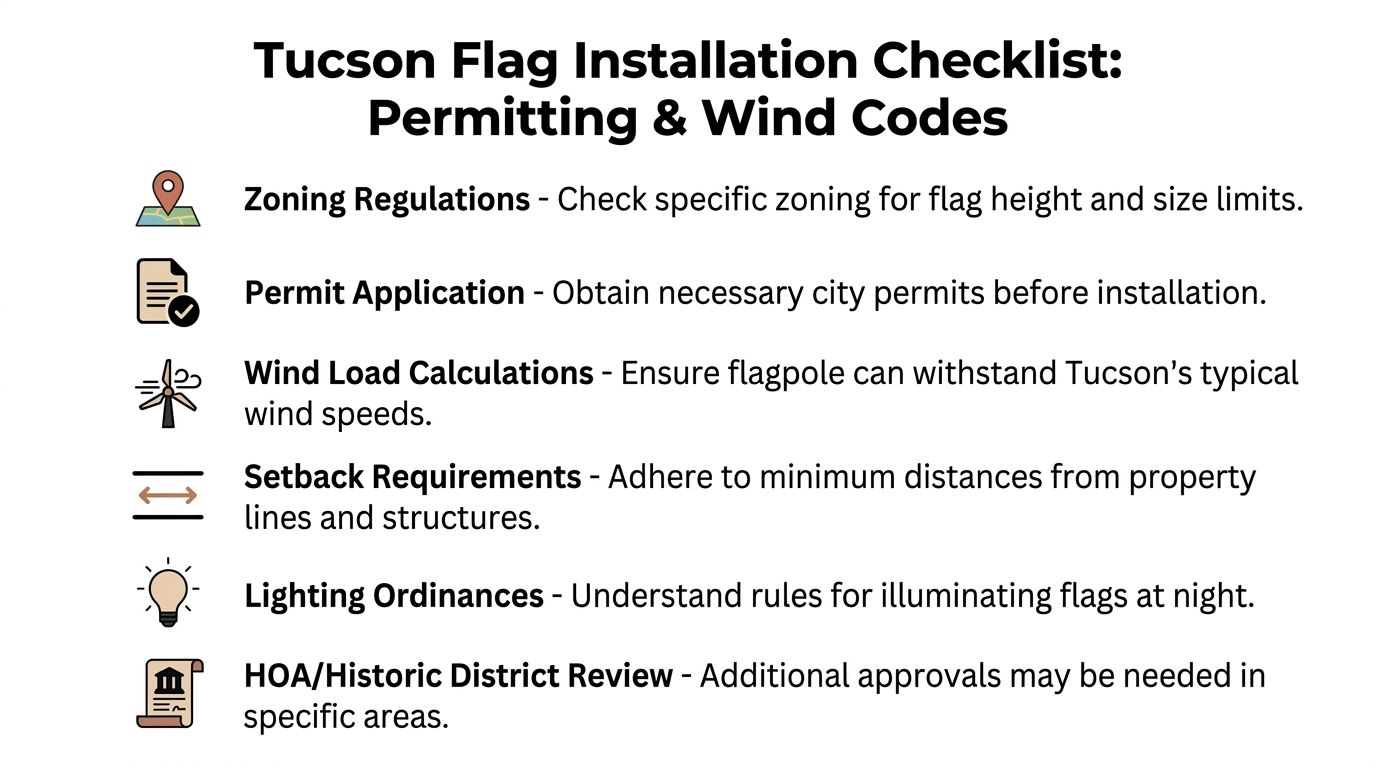 A checklist infographic outlining important regulations for installing flags in Tucson, Arizona, including permits and zoning.
