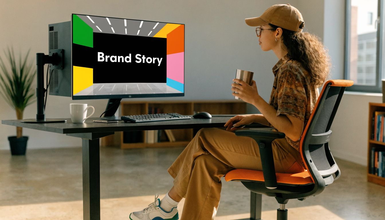A young woman wearing a cap sitting at a desk with a monitor displaying brand story graphics.