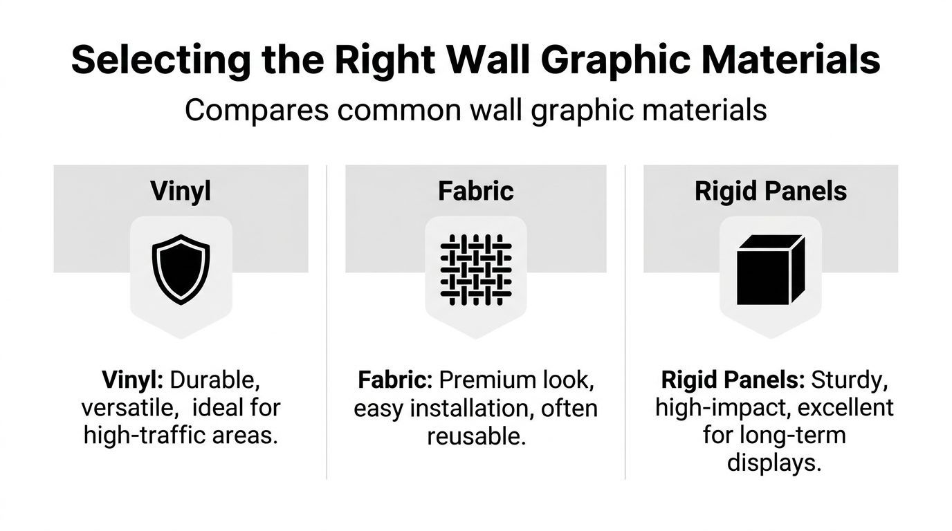 A comparison chart outlining the characteristics of vinyl, fabric, and rigid panel materials for wall graphics.