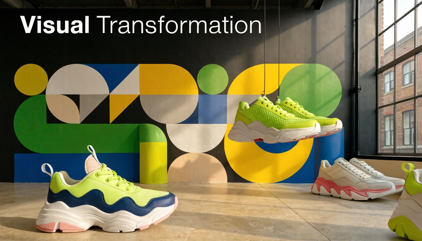 A display of neon green and white sneakers positioned in front of a colorful geometric mural wall.