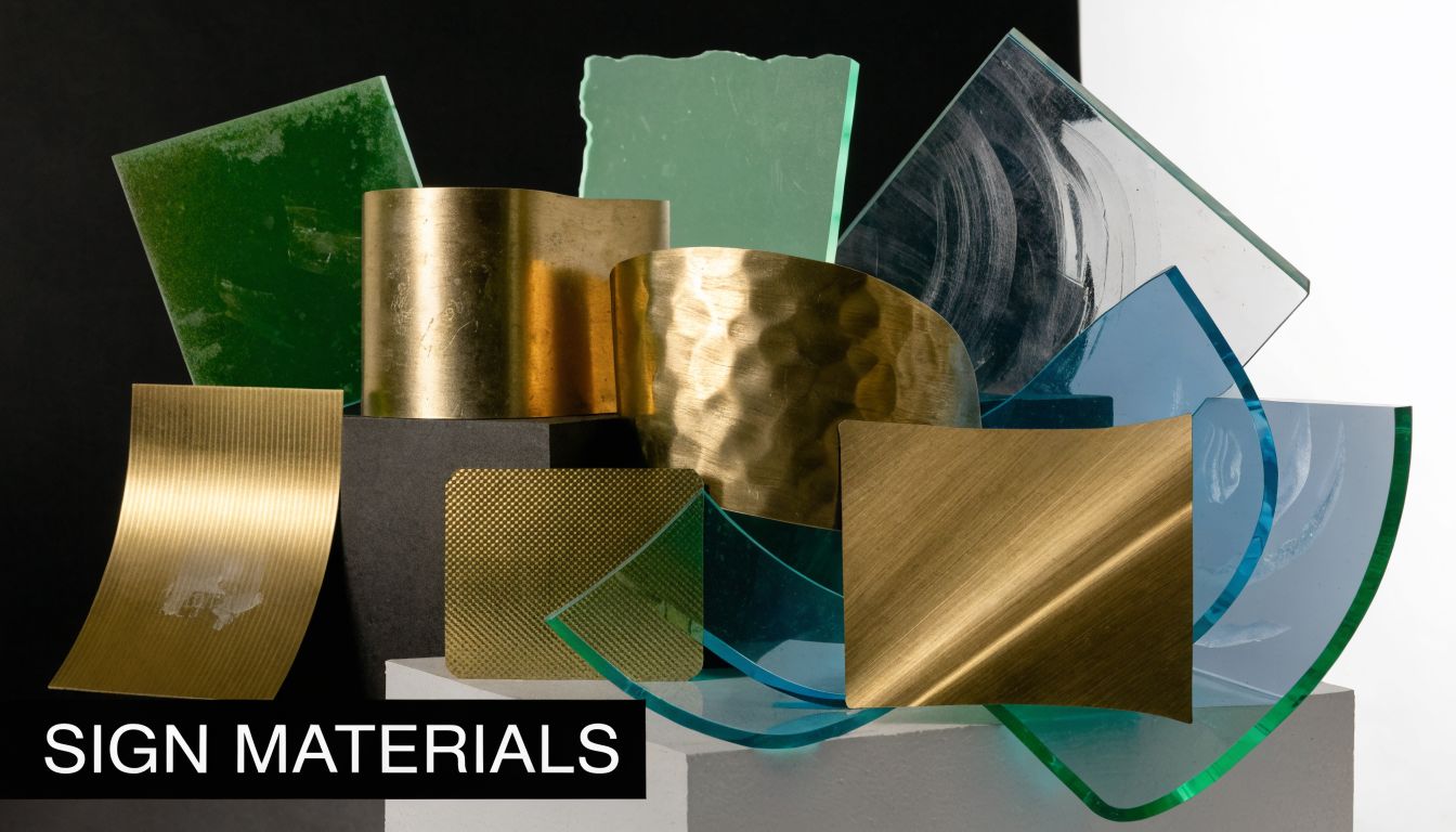 A collection of textured metal and colored glass sign materials arranged artistically on display blocks.