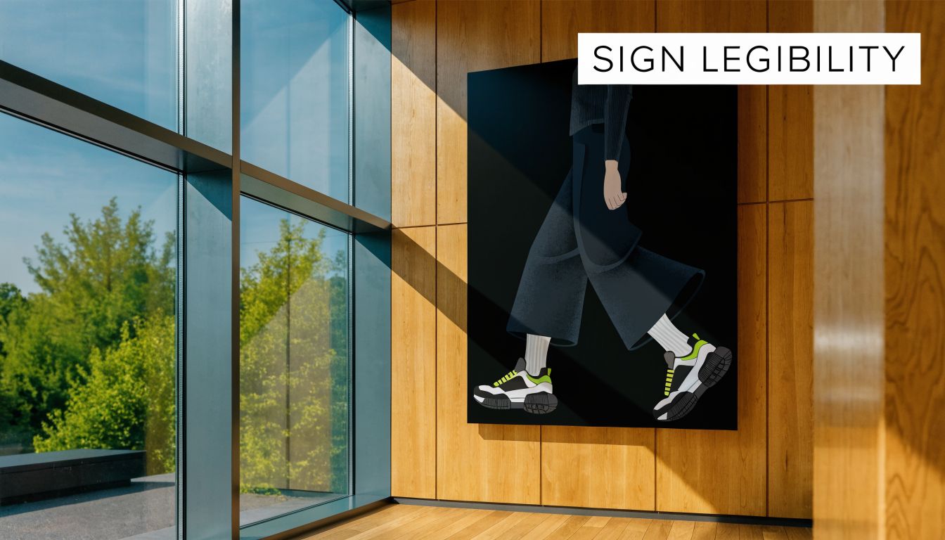 A modern office interior featuring a large wall art poster depicting a person wearing trendy sneakers.