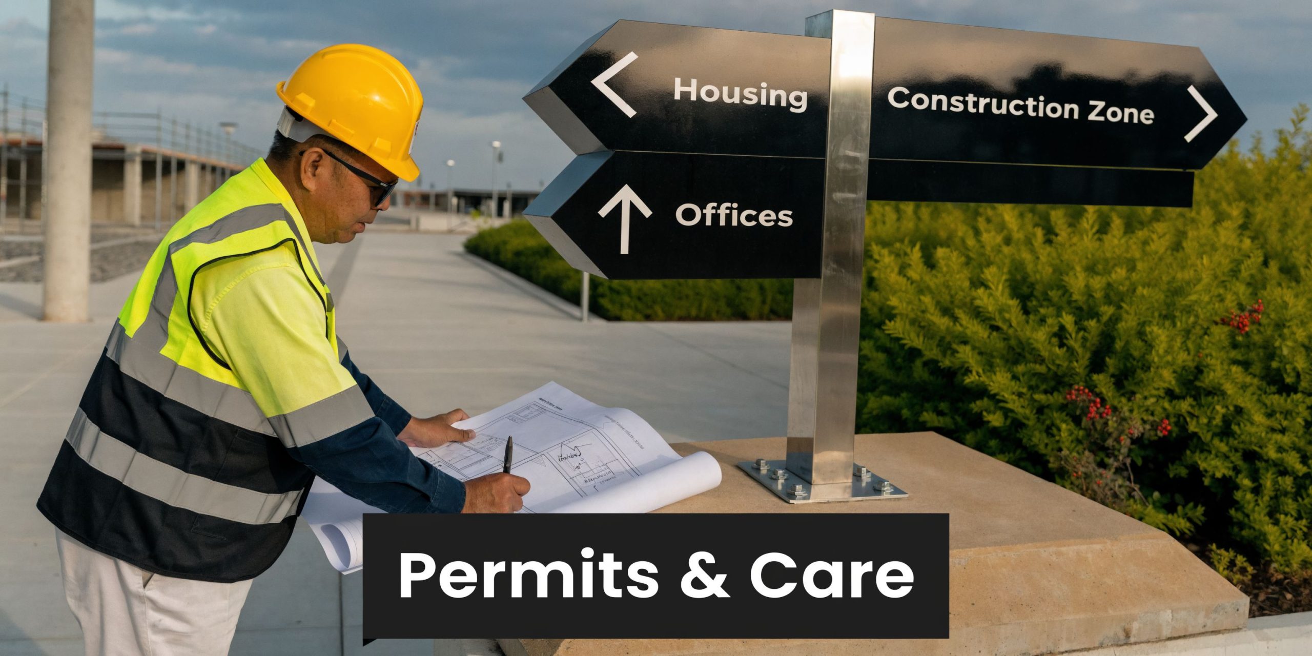 A construction worker in a hard hat and safety vest examines blueprints near a directional sign.