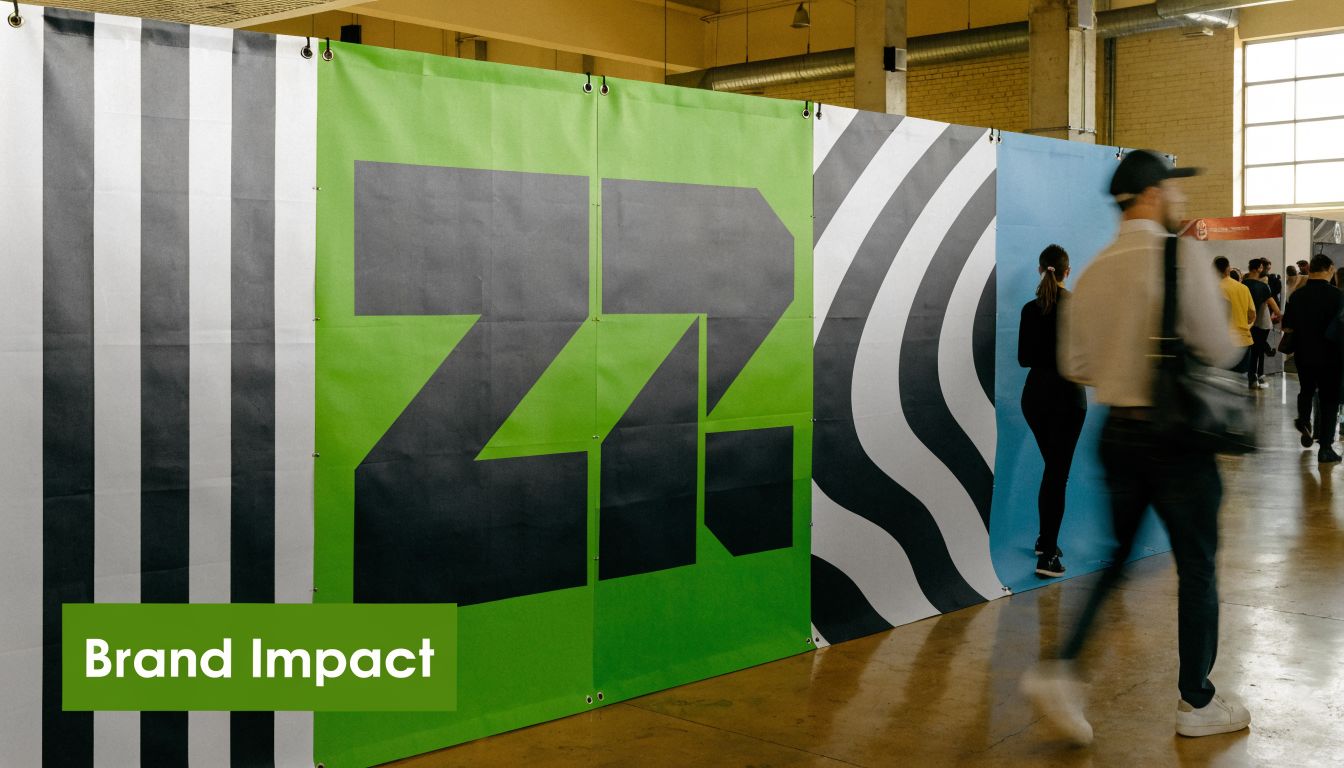 A man walking past large, vibrant printed banners displaying abstract graphics and geometric shapes at an event.