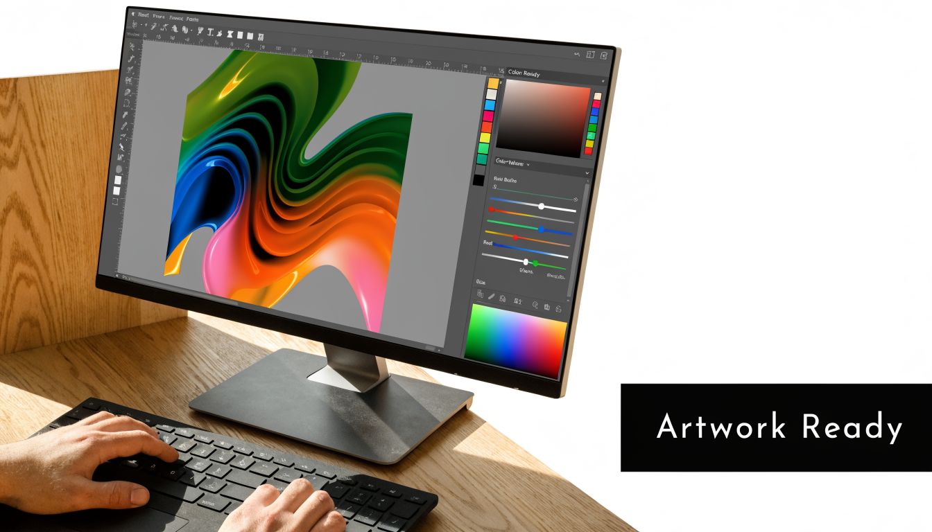 A professional graphic designer working on a modern monitor displaying abstract digital artwork at a wooden desk.