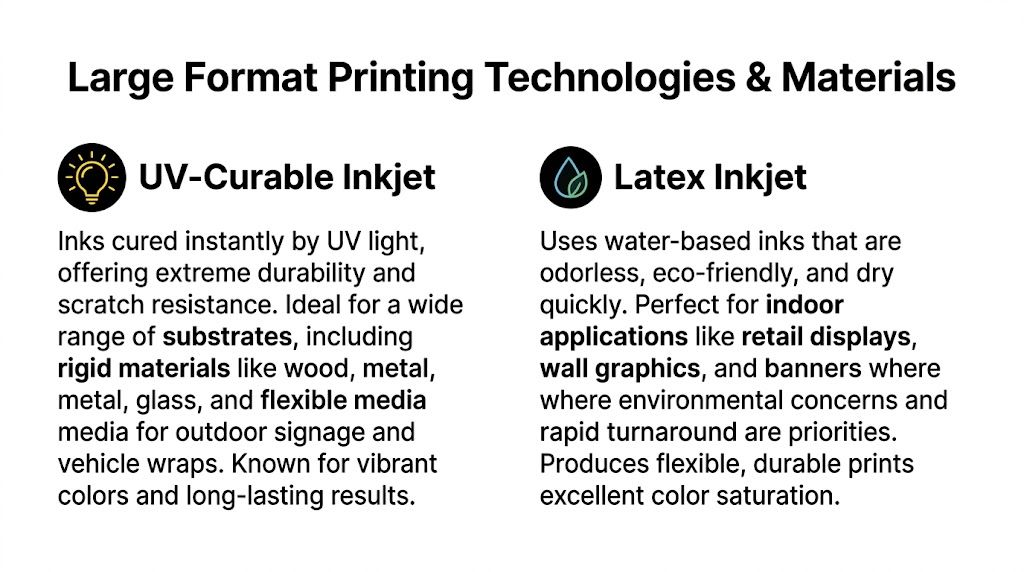 A comparison chart outlining UV-Curable Inkjet and Latex Inkjet technologies used in large format printing services.