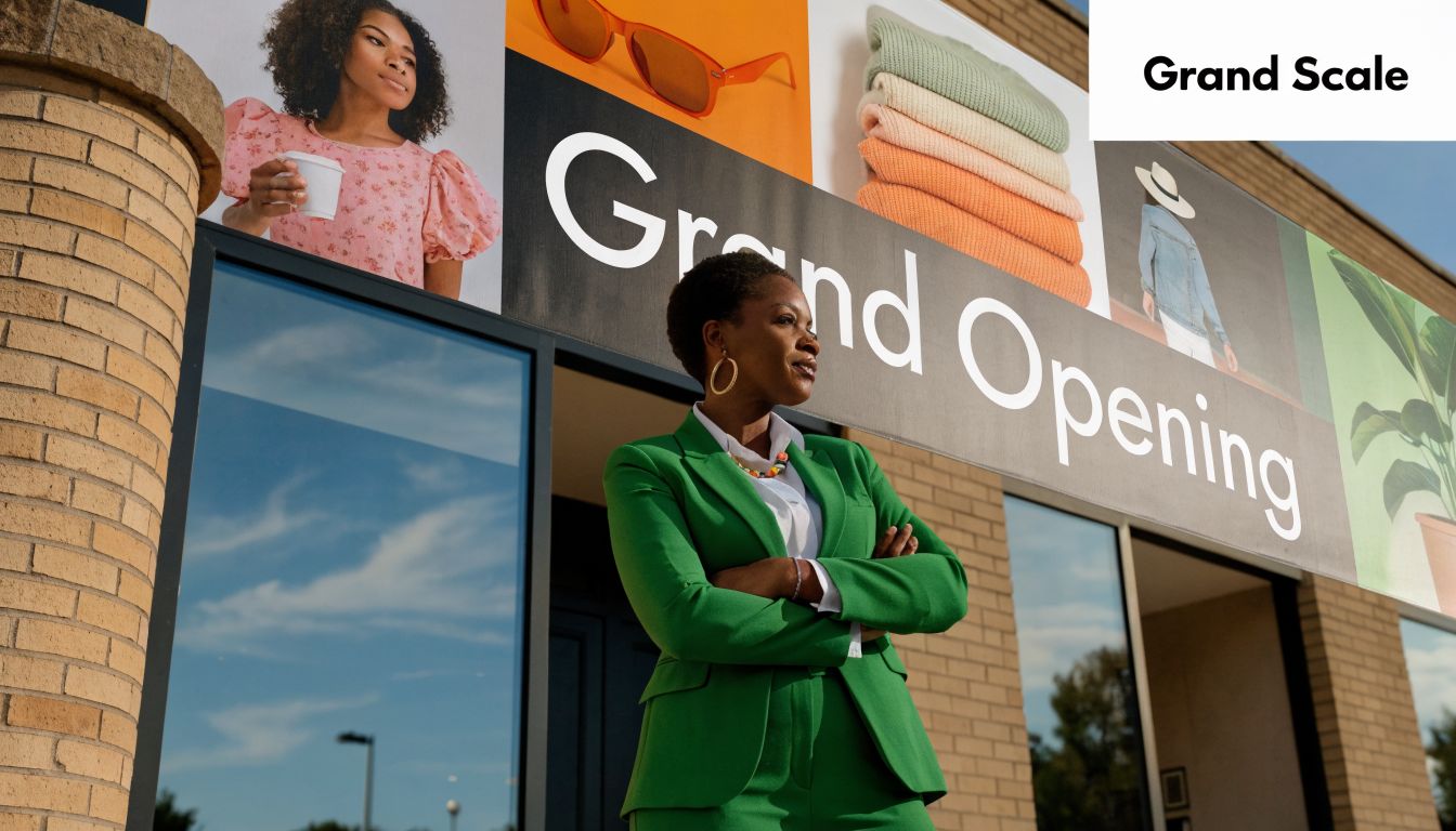 A professional woman in a green suit stands confidently in front of a grand opening retail display.