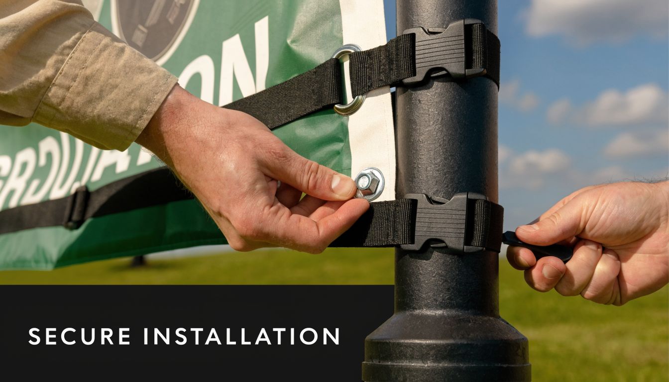 Close-up of hands securing a green outdoor graduation banner to a black metal pole using adjustable straps.