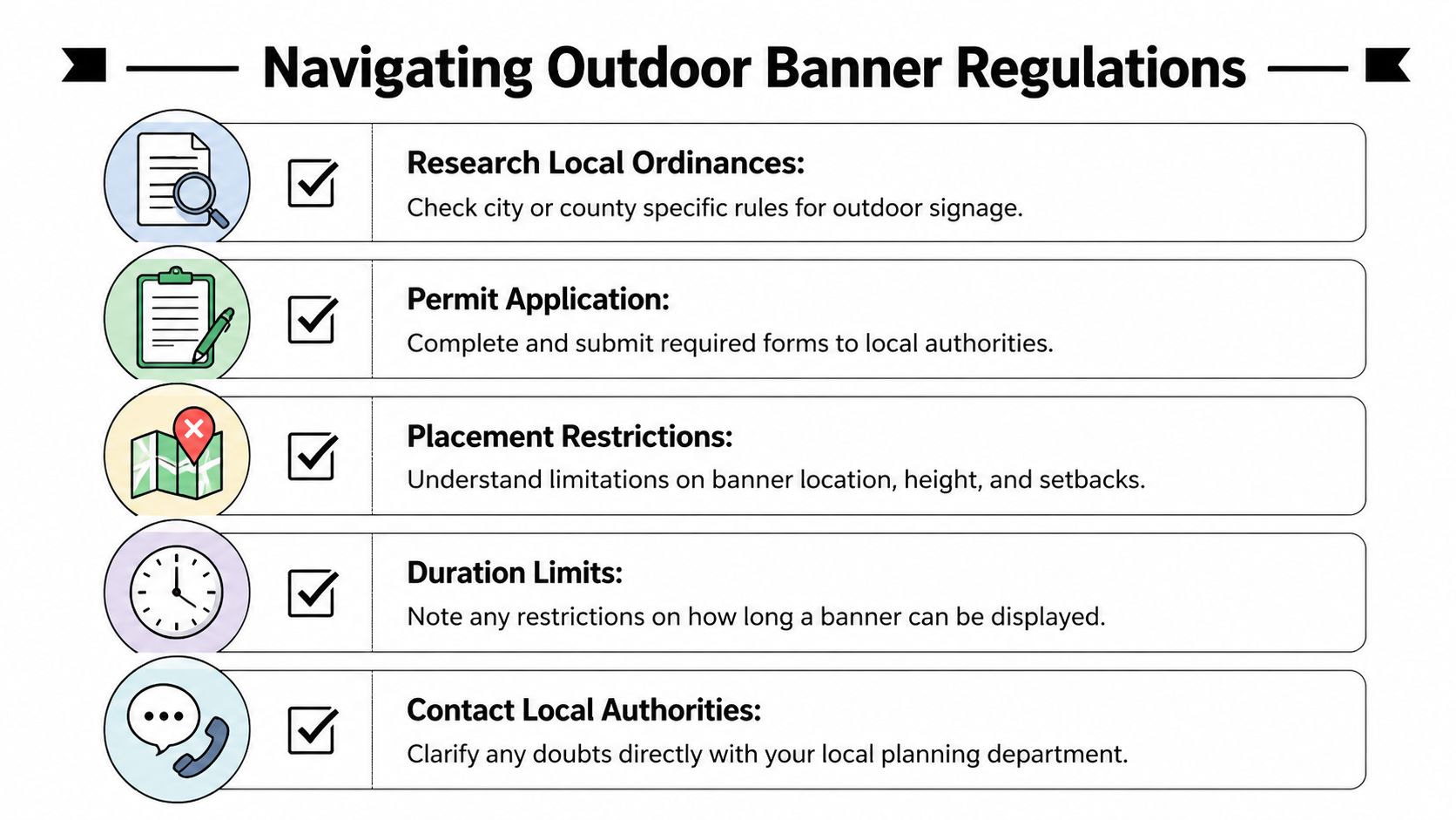 A checklist infographic titled Navigating Outdoor Banner Regulations outlining steps for installing outdoor business banners legally.