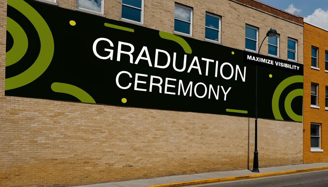 A large black billboard banner on a brick building wall displays the text Graduation Ceremony in white.